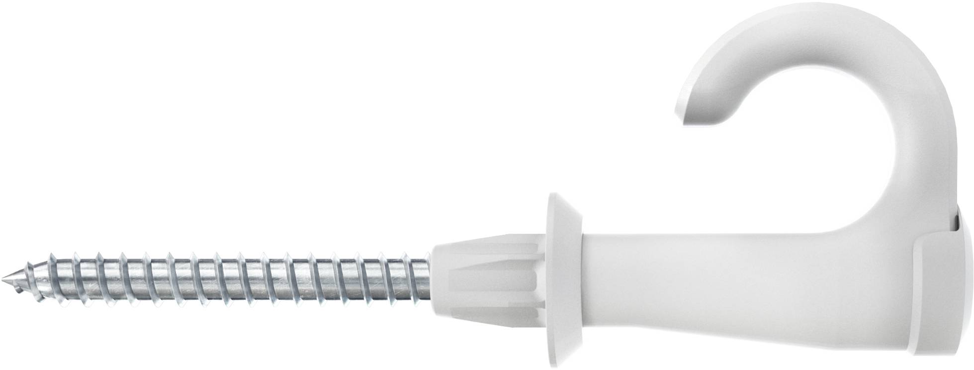 A metal hook with a plastic coating and threaded screw for wall mounting, designed for hanging items securely.