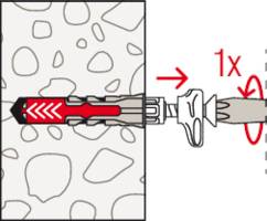 A diagram showing the installation of a wall anchor into masonry. The anchor expands against the wall when tightened, shown with a red arrow.