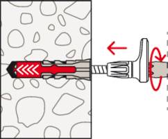 Illustration of a wall anchor being tightened. The anchor expands inside the wall, securing the screw as indicated by red arrows.
