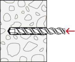 A drill bit is cutting through a rock wall horizontally from left to right, shown by a red arrow, illustrating drilling action.