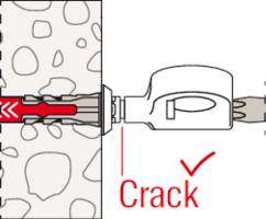 'Crack' diagram showing a wall with a red arrow pointing to a fissure, indicating structural damage. An illustration of a drill is nearby.