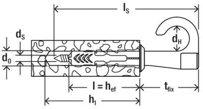 'Diagram of a mechanical anchor labeled with dimensions: ds, do, dh, ls, tfix, h1, l = hef. Shows threaded portion inside drilled hole.'