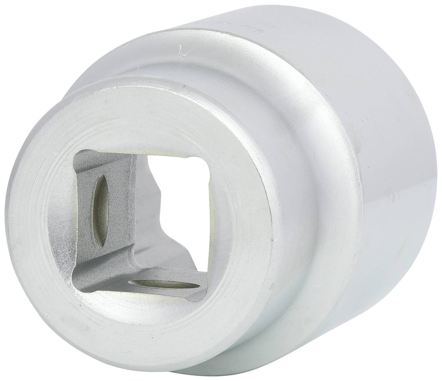 Silver wheel lock cover with a rectangular opening in the centre. Used to protect the wheel lock from dirt.