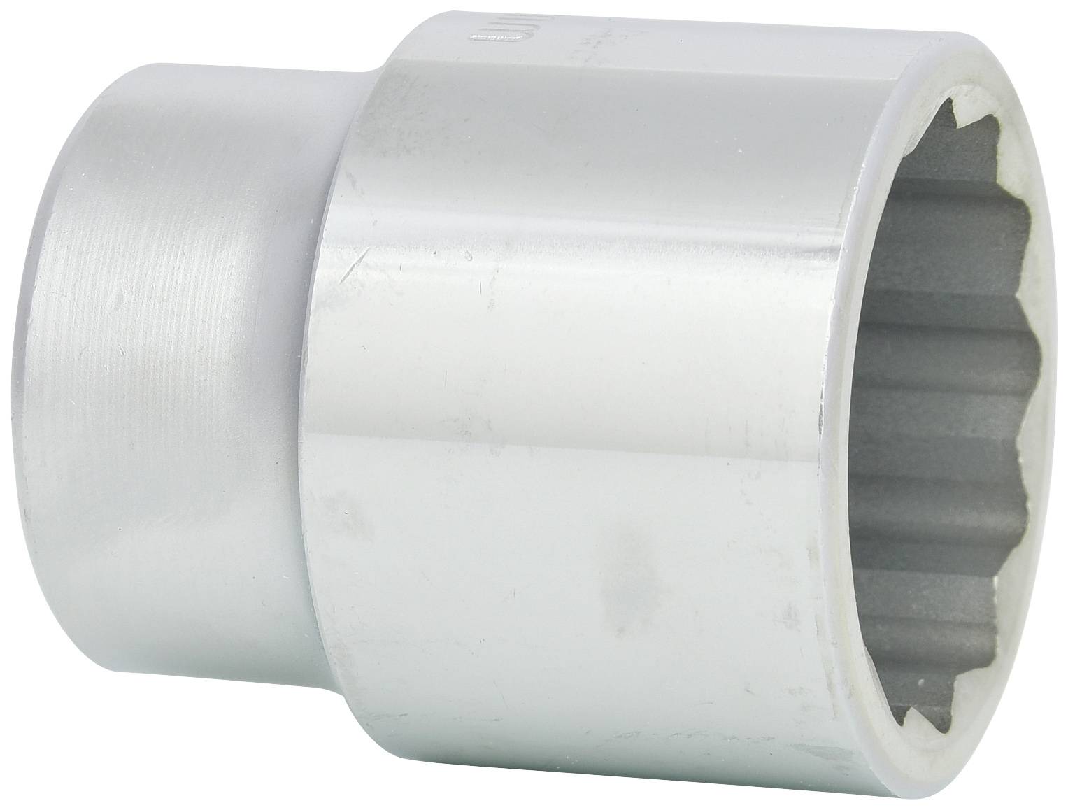 A silver metal socket spanner, cylindrical in shape with a serrated inner edge, used for fastening nuts and bolts.