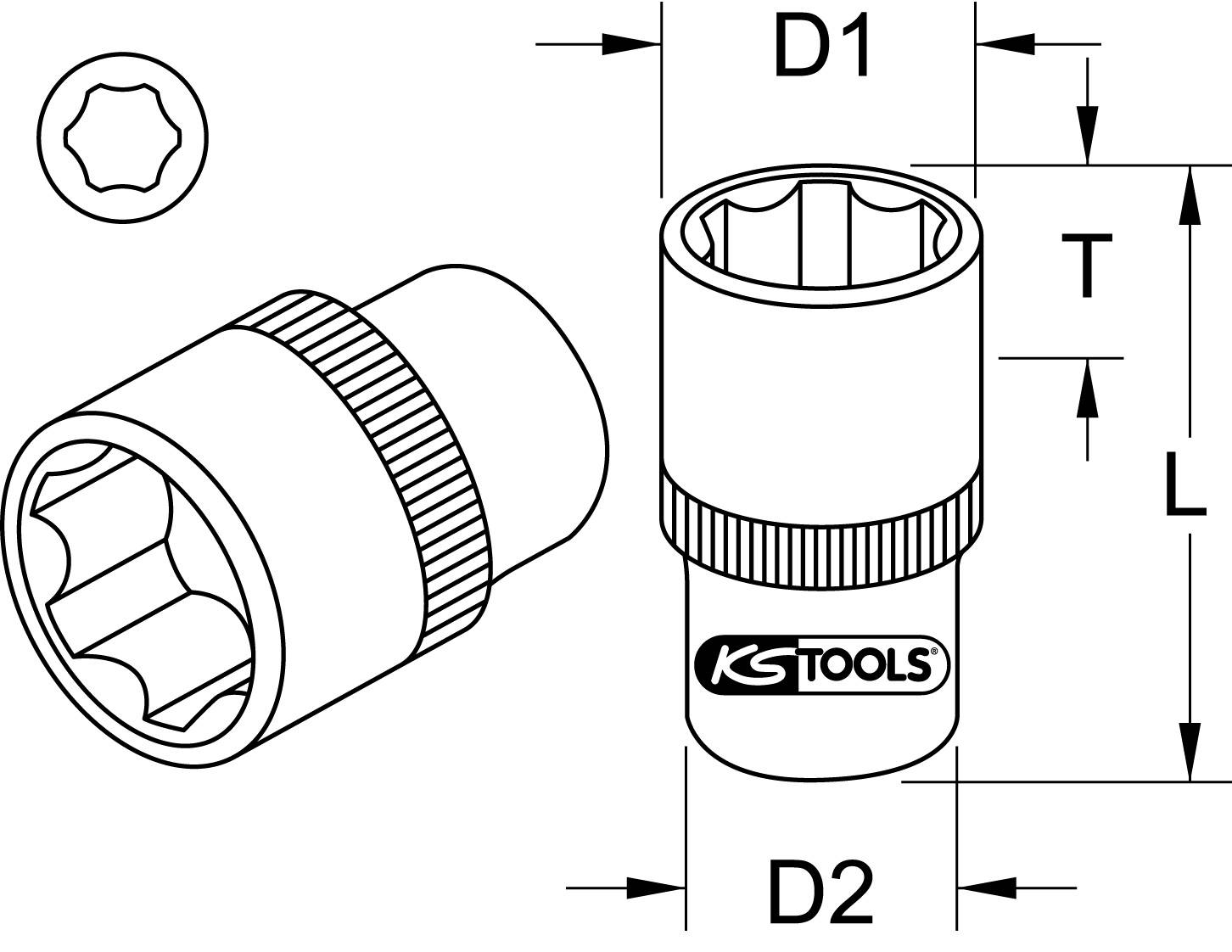 Technical drawing of a socket with dimensions D1, D2, L and T; side and front view; brand 'KS Tools'.