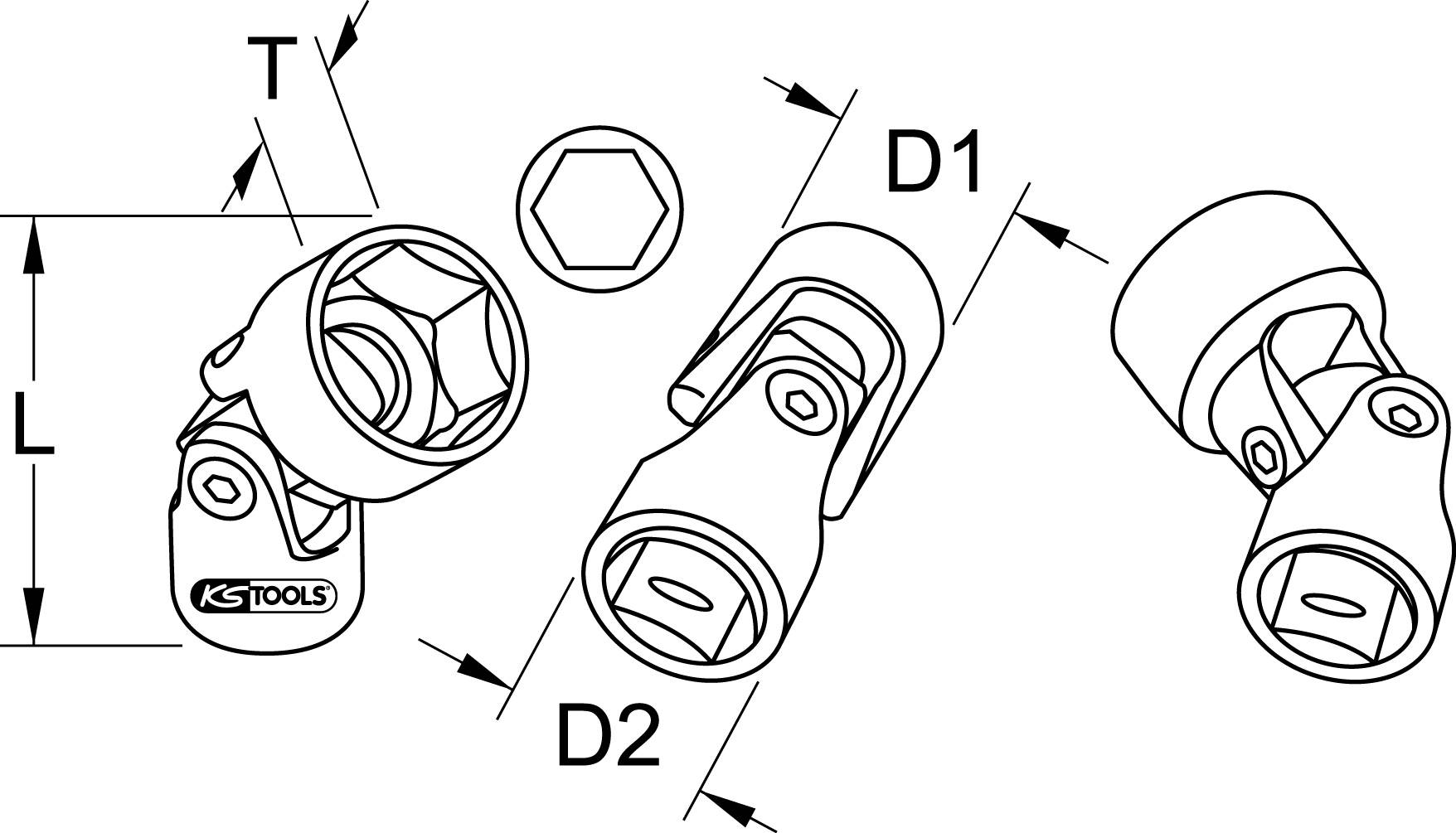 'Three mechanical joint parts in different views with dimensions T, L, D1 and D2'