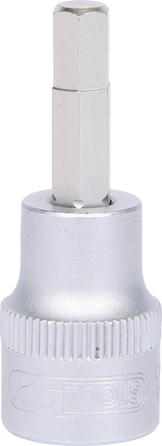 Chrome-plated hexagonal bit socket for hex screws. Primarily used for fastening or removing hexagonal screws.
