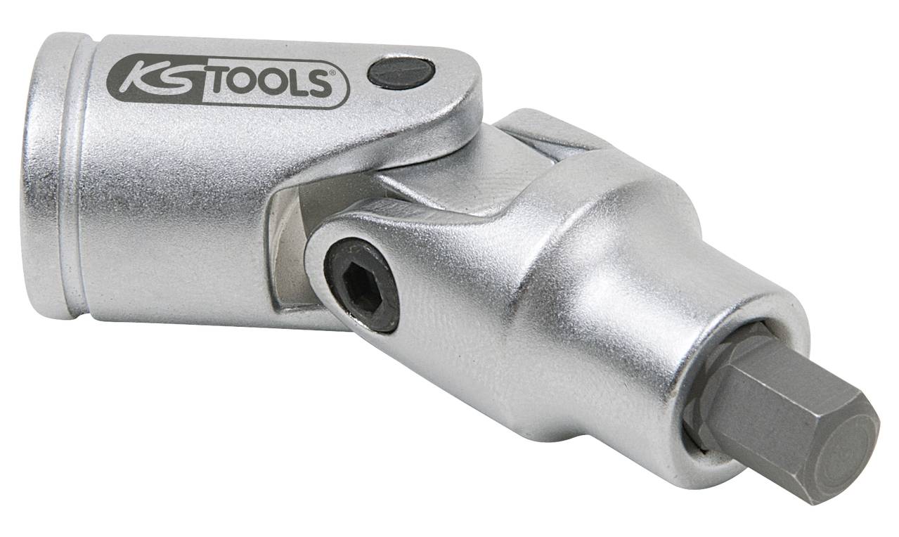 A chrome-plated universal joint with hexagonal fitting, side screw opening, and 'KS Tools' logo on the surface.