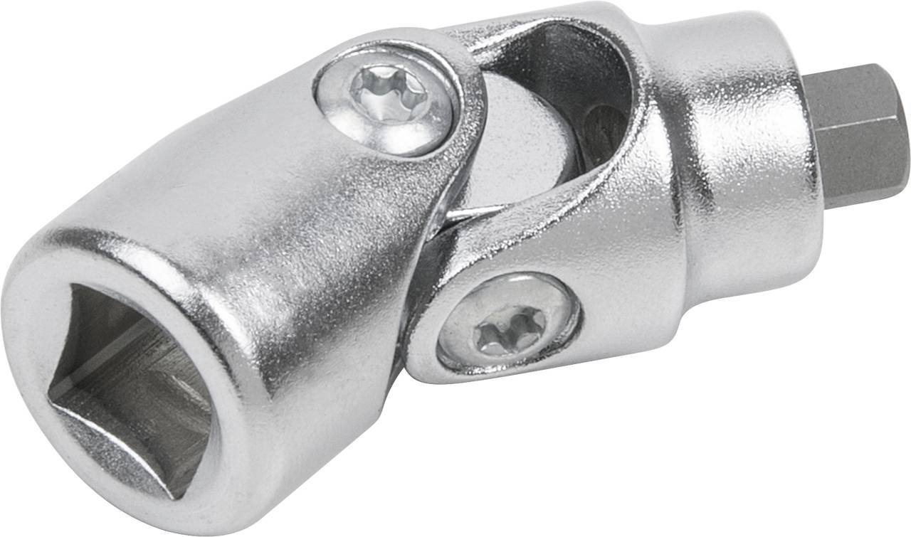 Metal universal joint, allows flexible movement of sockets, useful in tight or hard-to-reach areas.