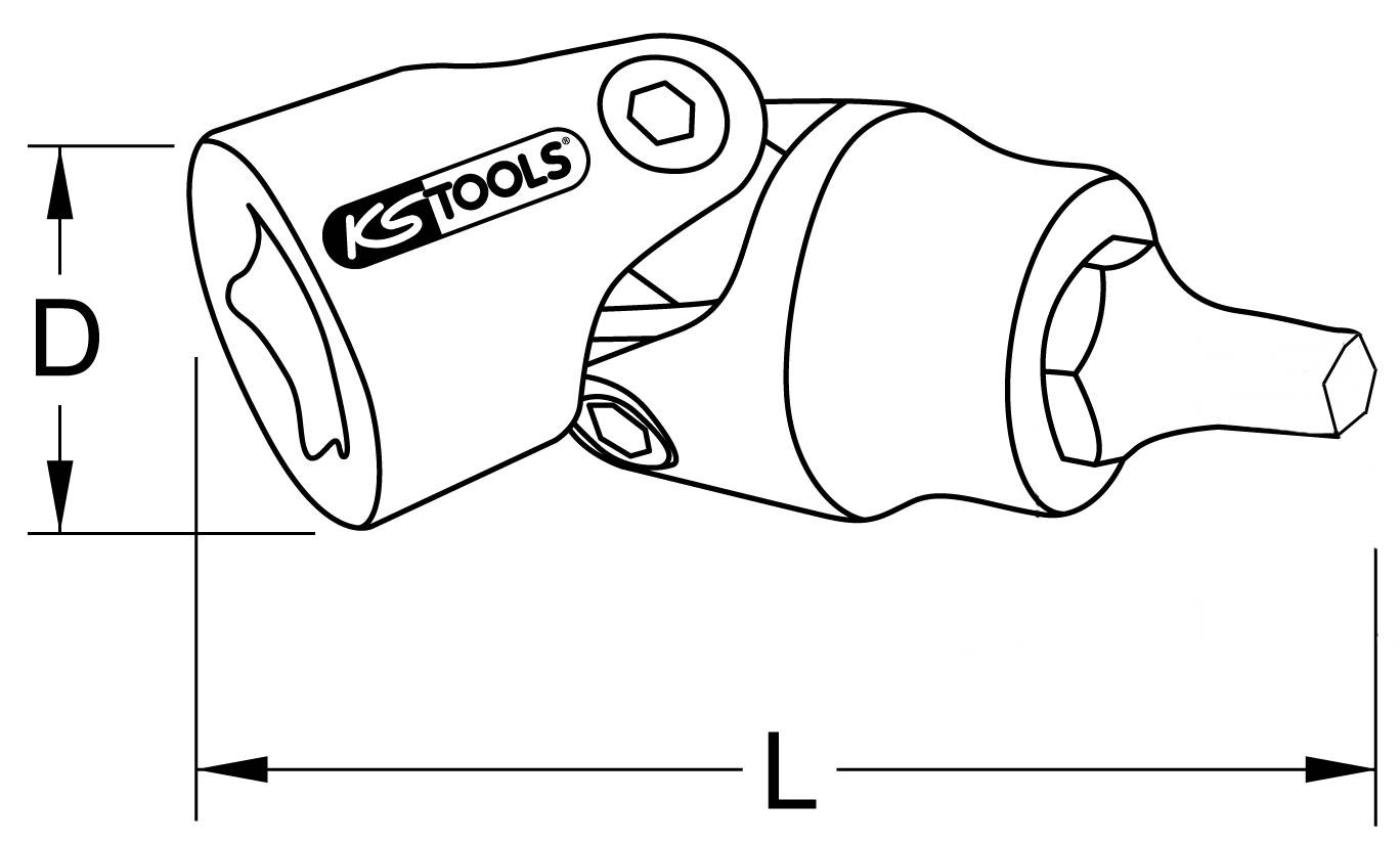 'Illustration of a KS Tools Universal Joint Bit. Specification of length (L) and diameter (D) for size proportions.'