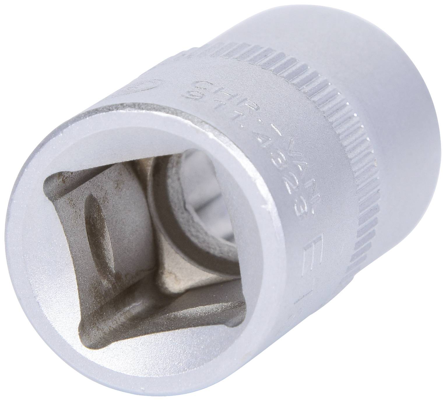 A silver socket head with a square drive. Used for screwing or fastening work.