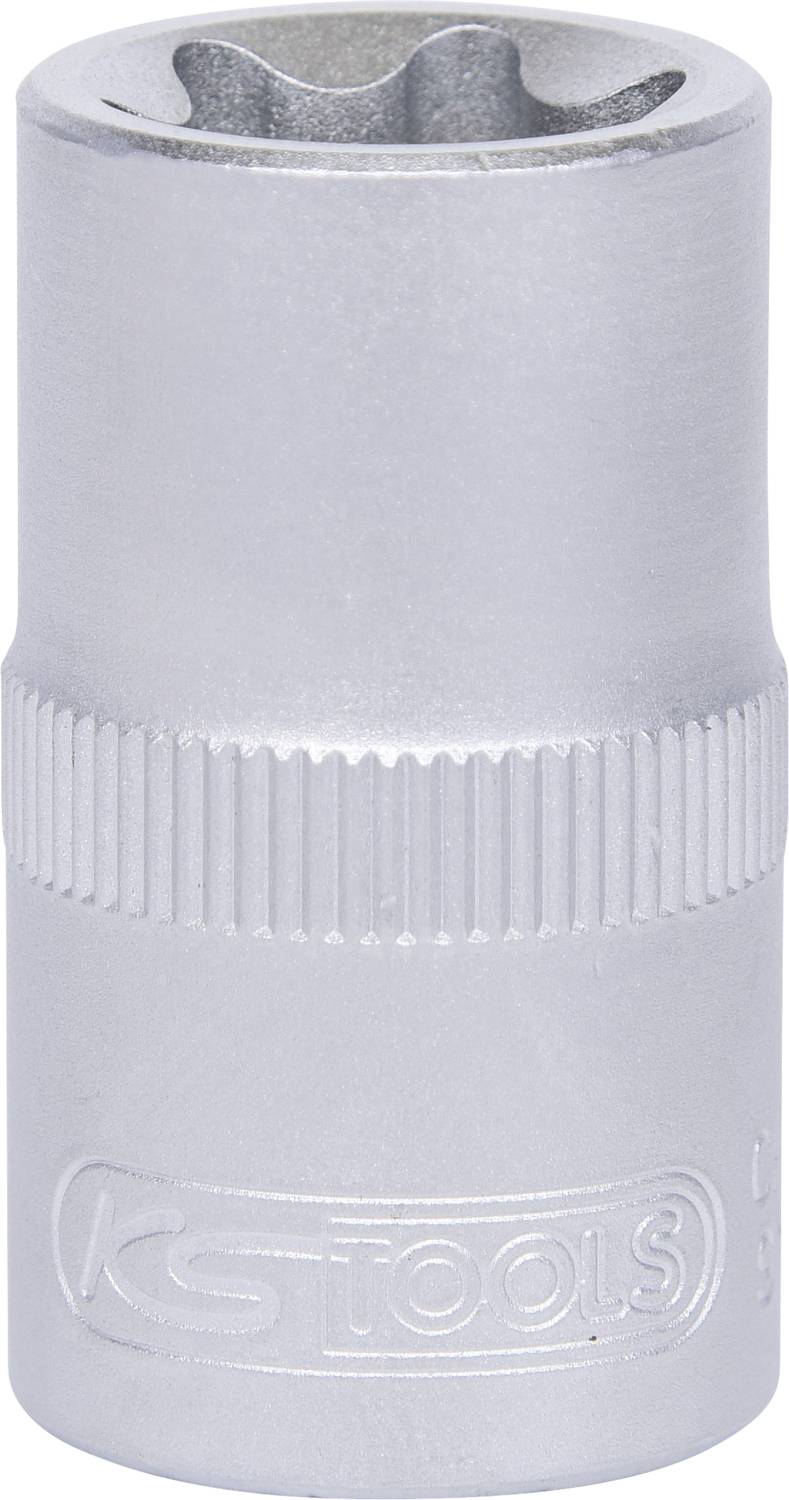 A silver socket from KS Tools, cylindrical in shape with a ribbed central section.