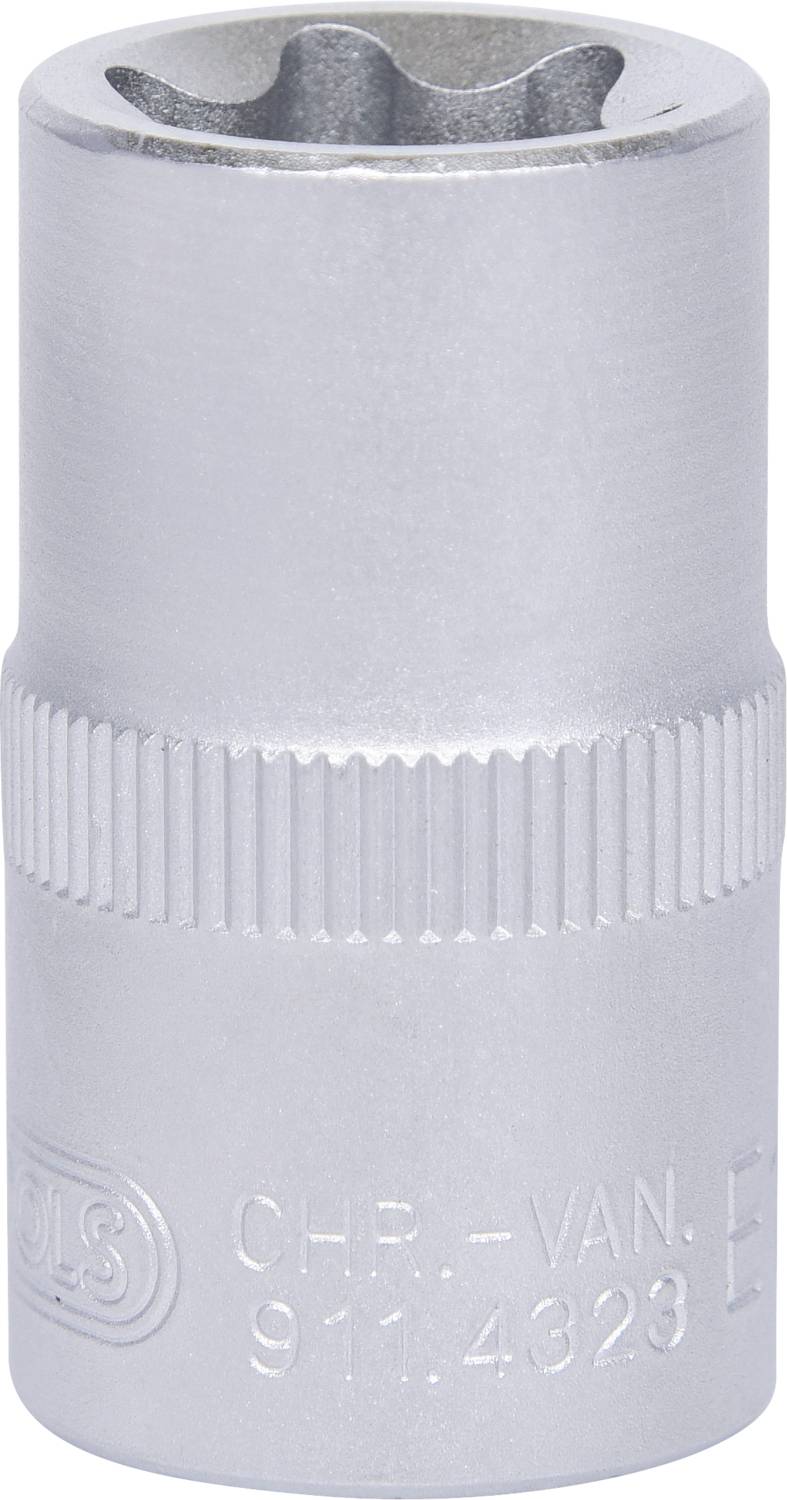 A silver-coloured socket key attachment with a ribbed surface and engraved numbers and letters for tool usage.