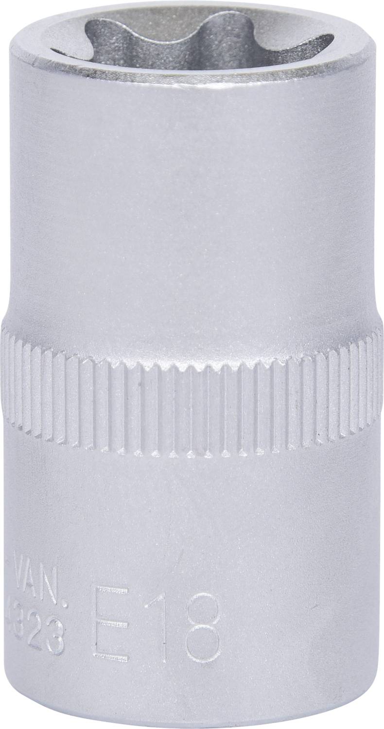 Metal socket wrench size E18, cylindrical in shape, with a knurled grip surface.