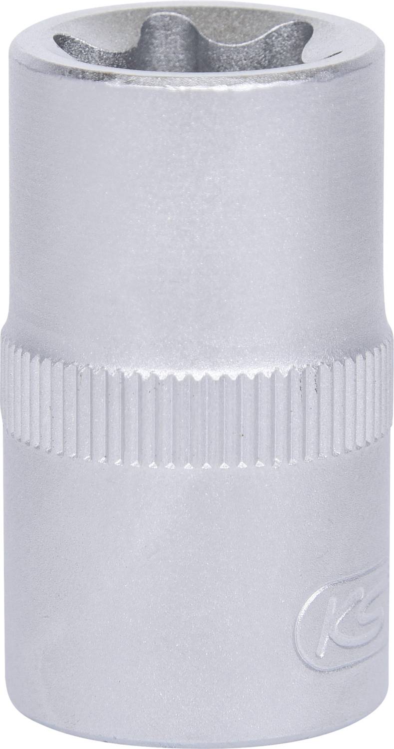 Metal screwdriver socket attachment, cylindrical, with a knurled centre for improved grip. Used for tightening or loosening screws.