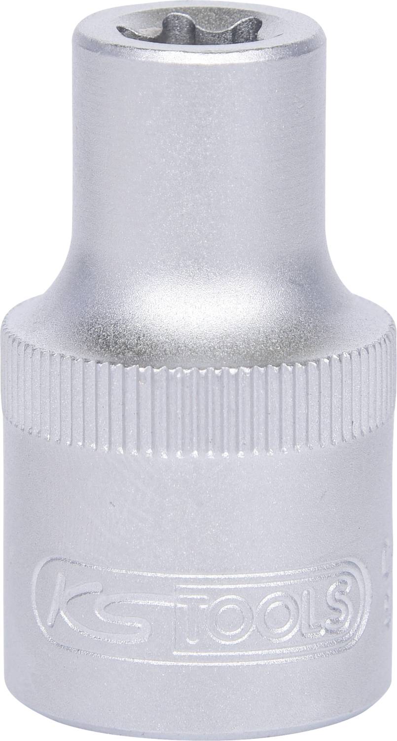 Metallic socket screwdriver bit, silver-coloured, with knurled handle; Brand: KS Tools.