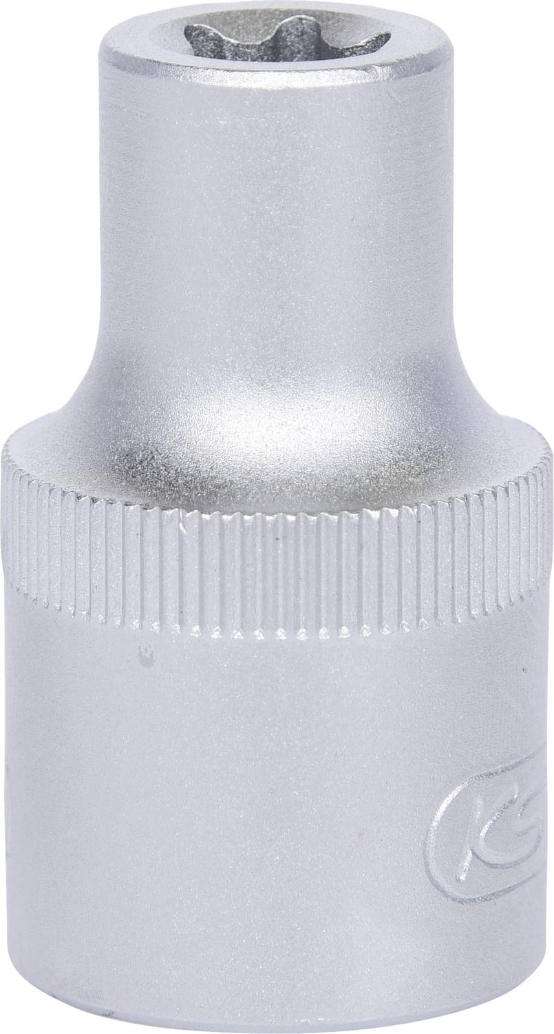 A silver socket spanner with a ribbed handle and hexagonal opening, used for tightening or loosening screws.