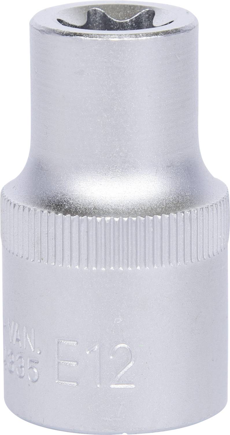 Metal socket with 'E12' inscription, cylindrical shape, knurled edge for better grip, silver colour.