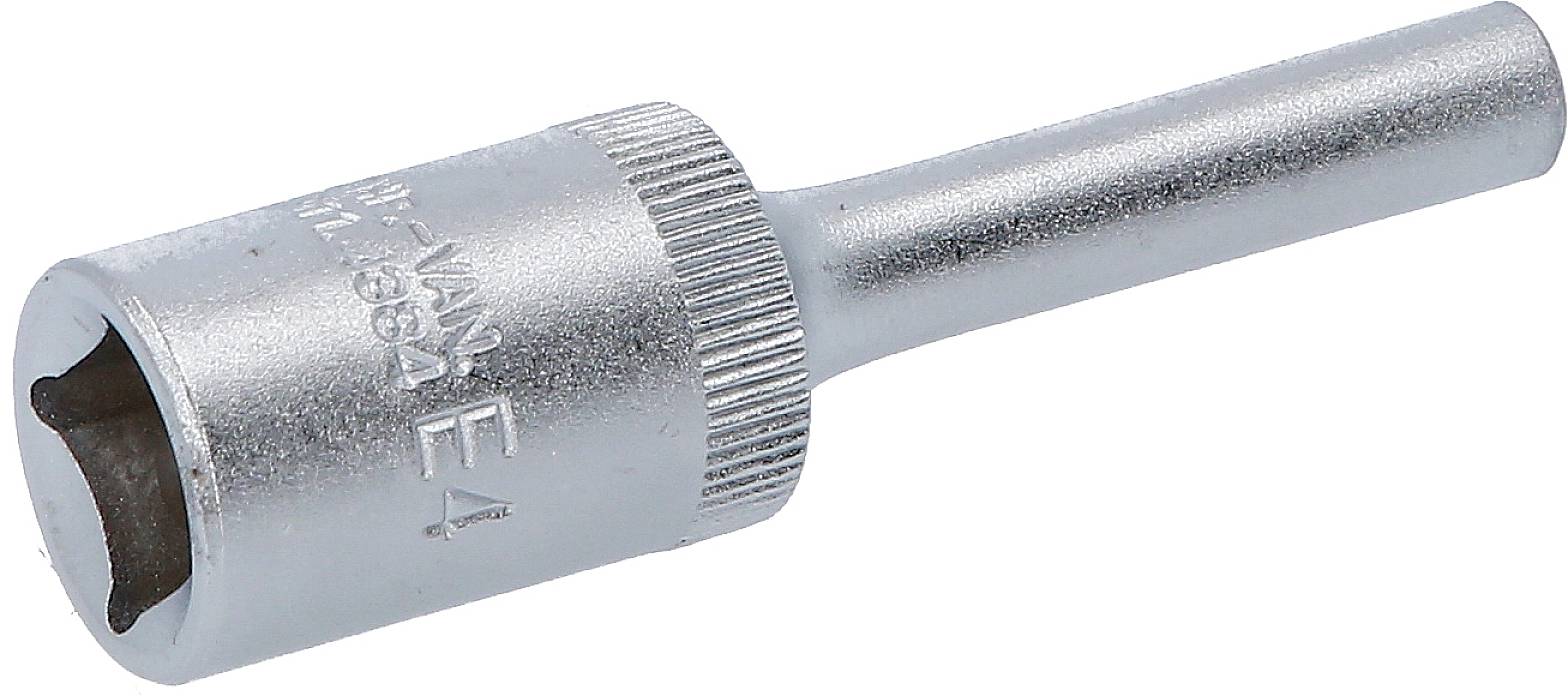 A silver-coloured spanner socket with a ribbed surface, stamped with 'E4'. Suitable for mechanical work.