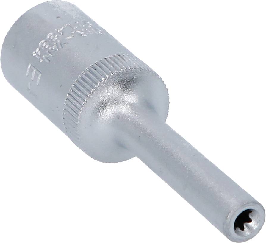 A silver Torx screwdriver bit with a distinctive star-shaped tip, used for tightening and loosening Torx screws.