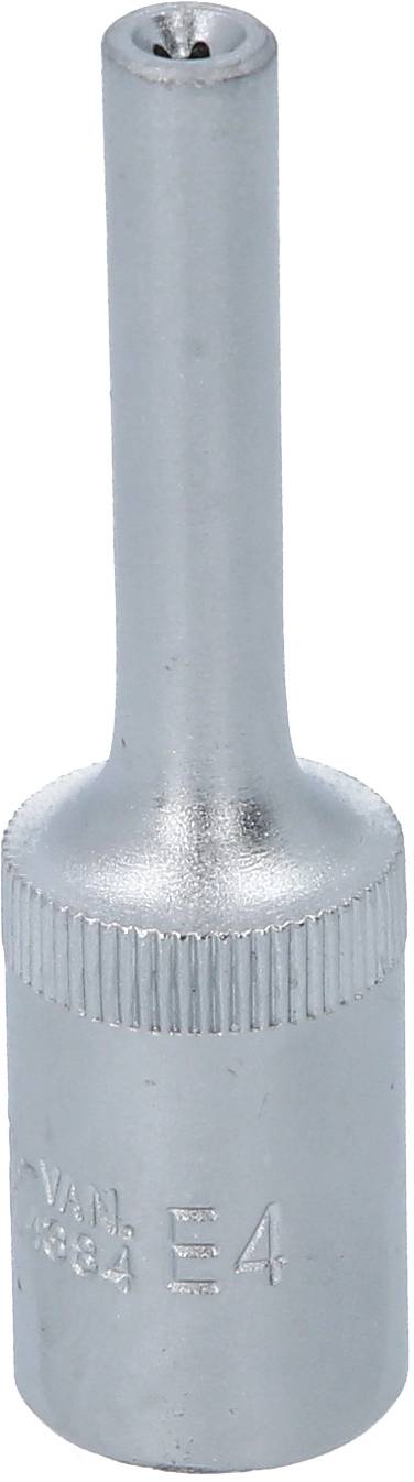A silver-coloured socket extension with a long neck, marked with 'E4' on the side. Suitable for specialised screw connections.