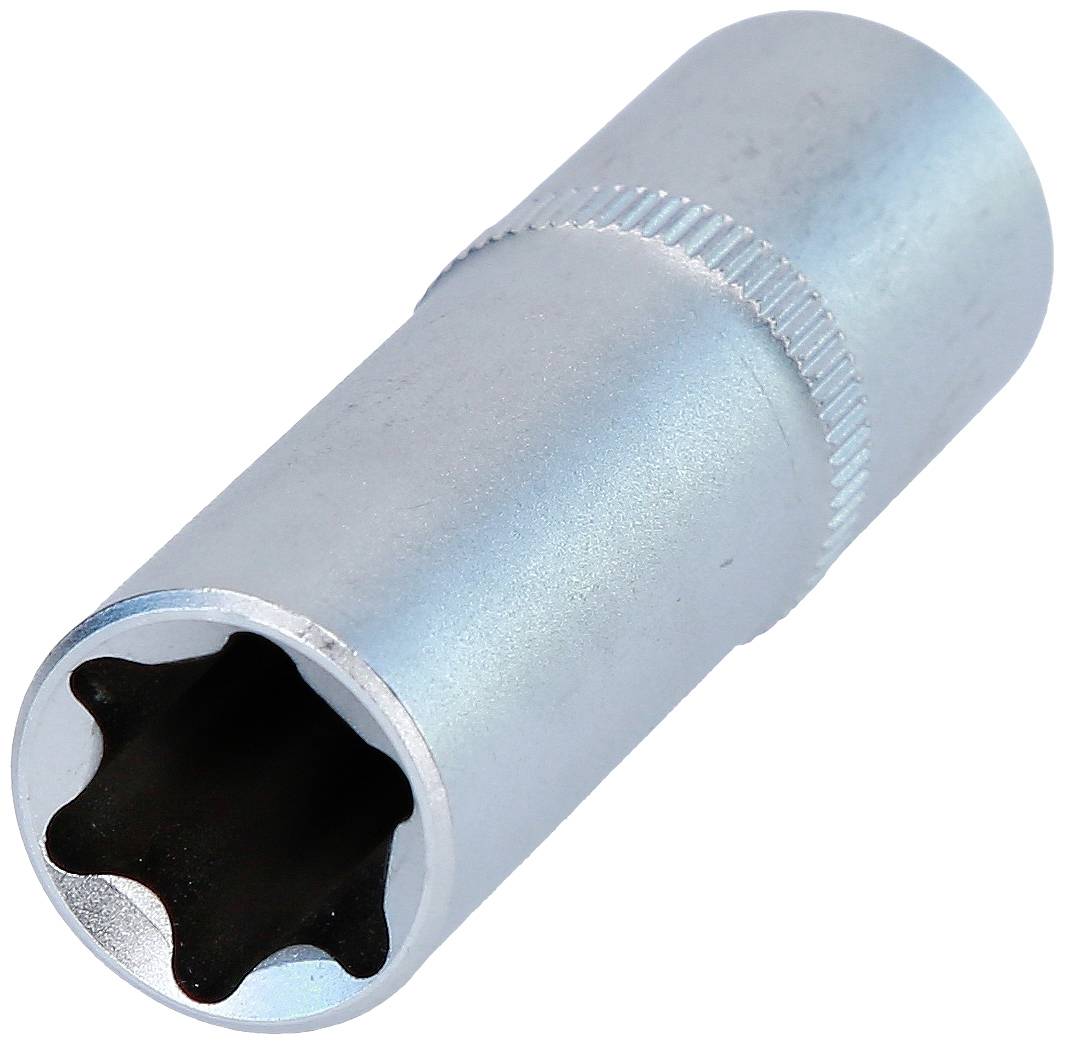 A silver-coloured hexagonal socket spanner, made of metal. Used for tightening or loosening screws and nuts.