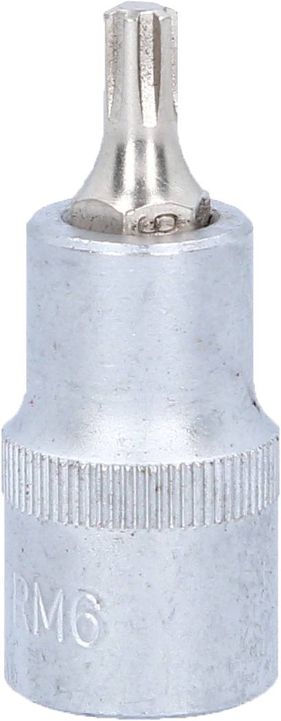 A silver, metallic screwdriver bit with a ridged grip, marked with 'RM6'.