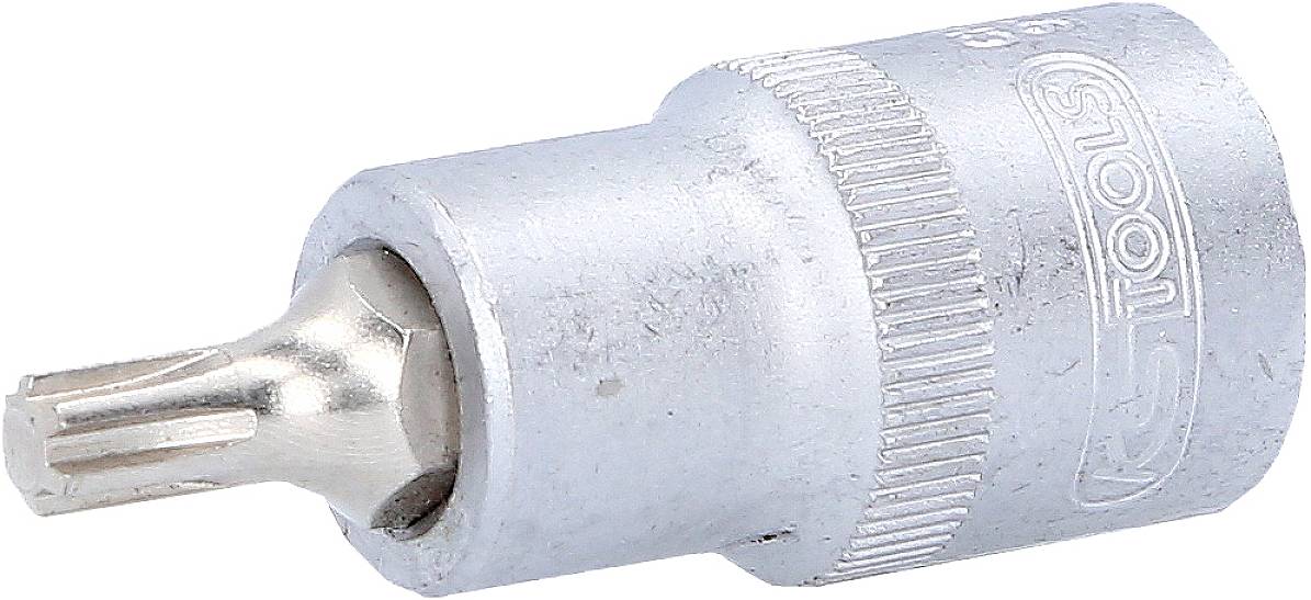 Torx bit socket made of metal, side view. Contains a six-pointed Torx profile used for tightening or loosening screws.