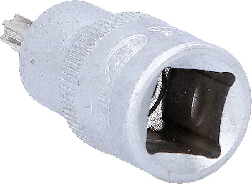 Metal socket wrench attachment with smooth and grooved surface, square hole and marked size, tool for mechanics.