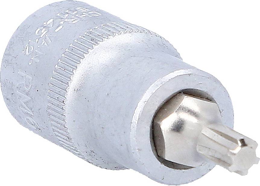 A silver tool attachment with a ribbed surface and a star-shaped bit, possibly for working with specialised screws.