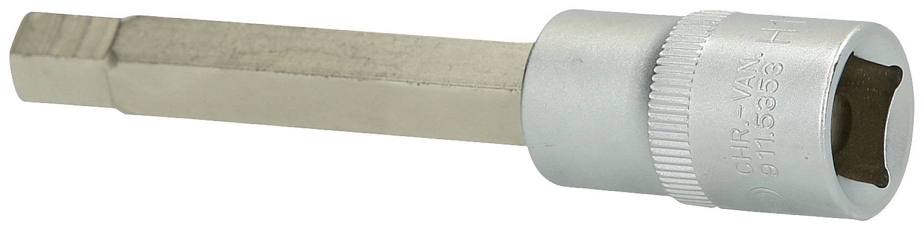 Metallic bit with a hexagonal, elongated tip and cylindrical handle, commonly used for screwdrivers or ratchets.