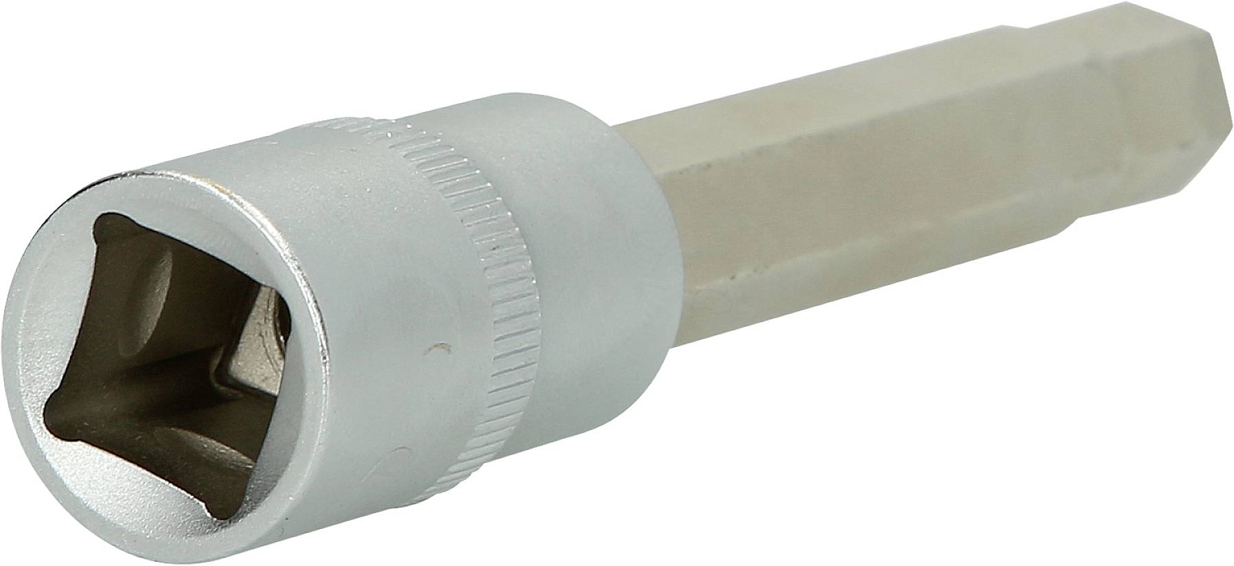 Metal ratchet adapter with hexagonal attachment, used for tightening and loosening screws or nuts.