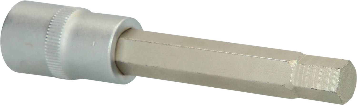 A silver and gold hexagonal bit adapter, used for screw work, lies isolated on a white background.