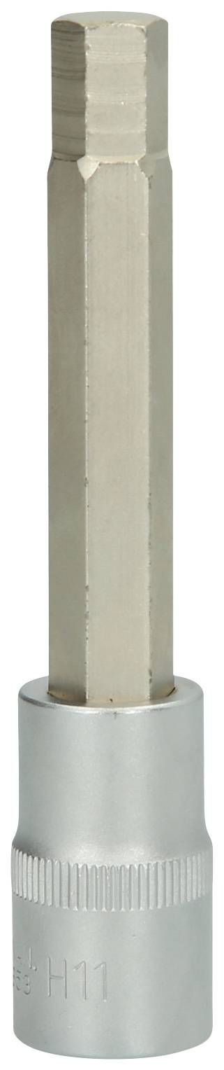 Hexagonal bit made of metallic material with a silver base, suitable for loosening or tightening screws.