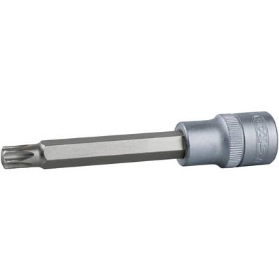 Hexagonal bit with a Torx head in a socket, manufactured from metal, against a white background. Suitable for screwdrivers and tools.