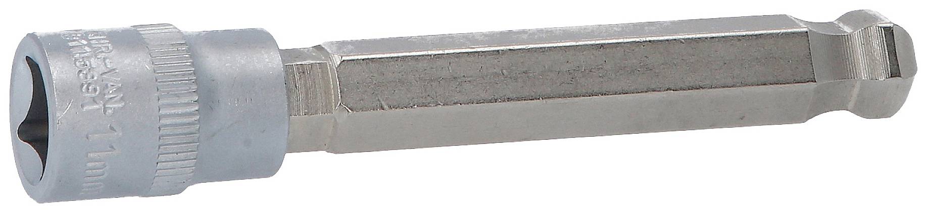 Metal drill bit with hexagonal shank and serrated edge. Suitable for screw work in wood or metal.