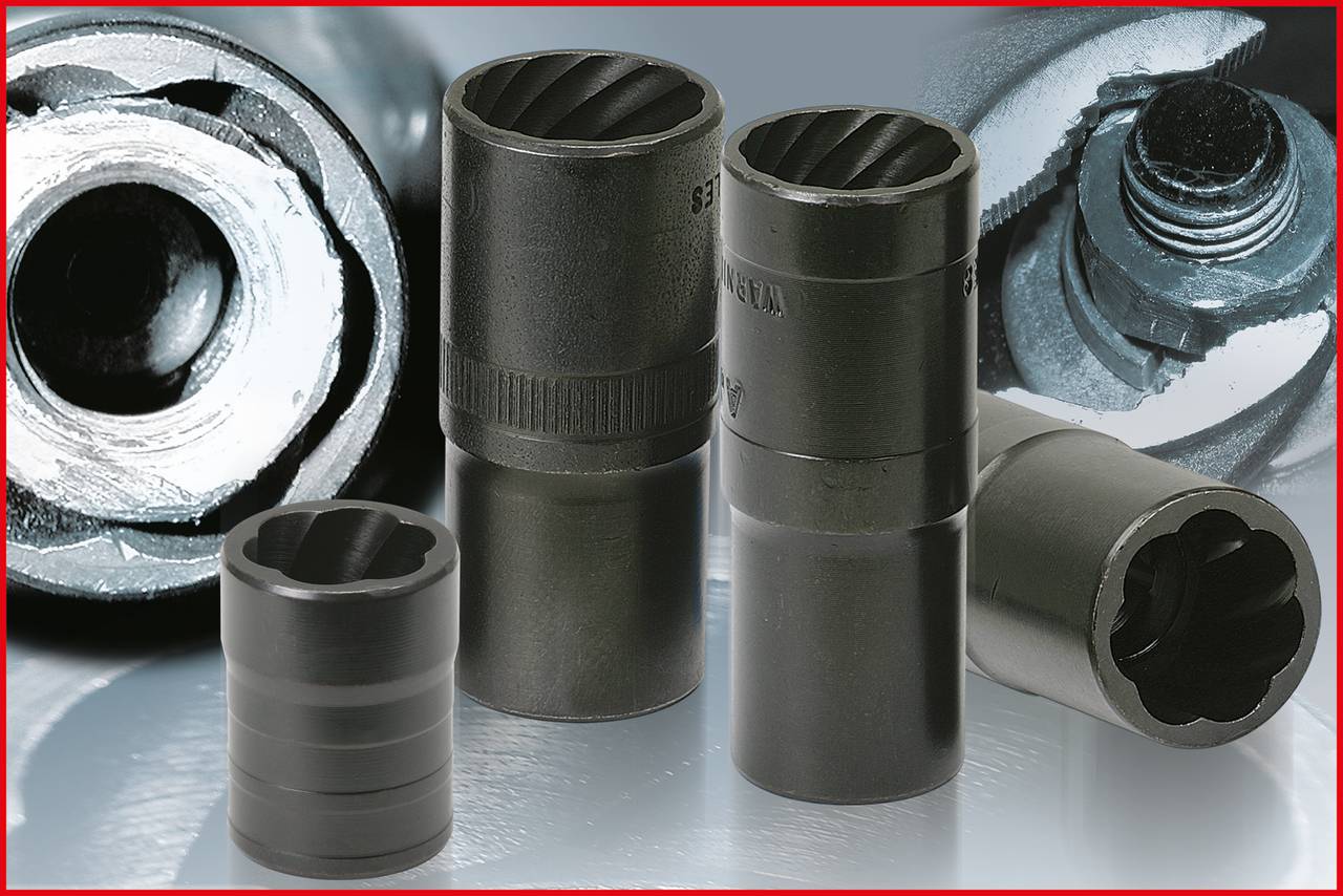 Four different dark screwdrivers against a background with a detailed view of a screw.