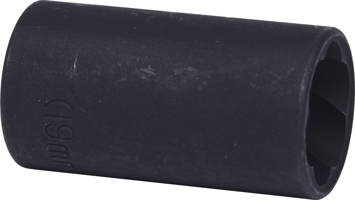 A black socket nut with an impressed size of '19 mm', designed for tightening or loosening nuts and bolts.