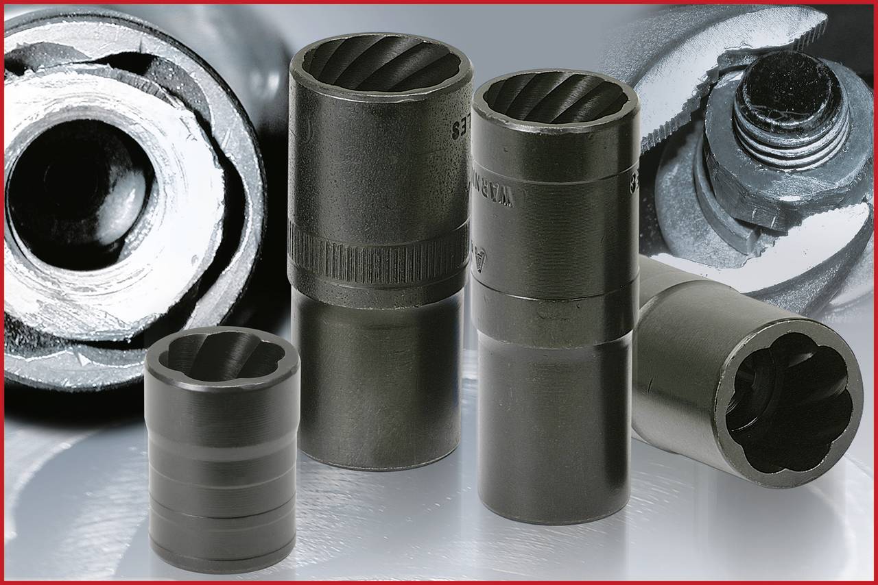 Several screw extractors in different sizes, pictured in the foreground, with an enlarged image of removing a worn screw in the background.