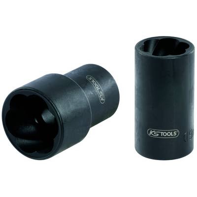 Two black hexagonal nuts from KS Tools, one lying on its side, the other standing upright. Both show wavy inner surfaces.