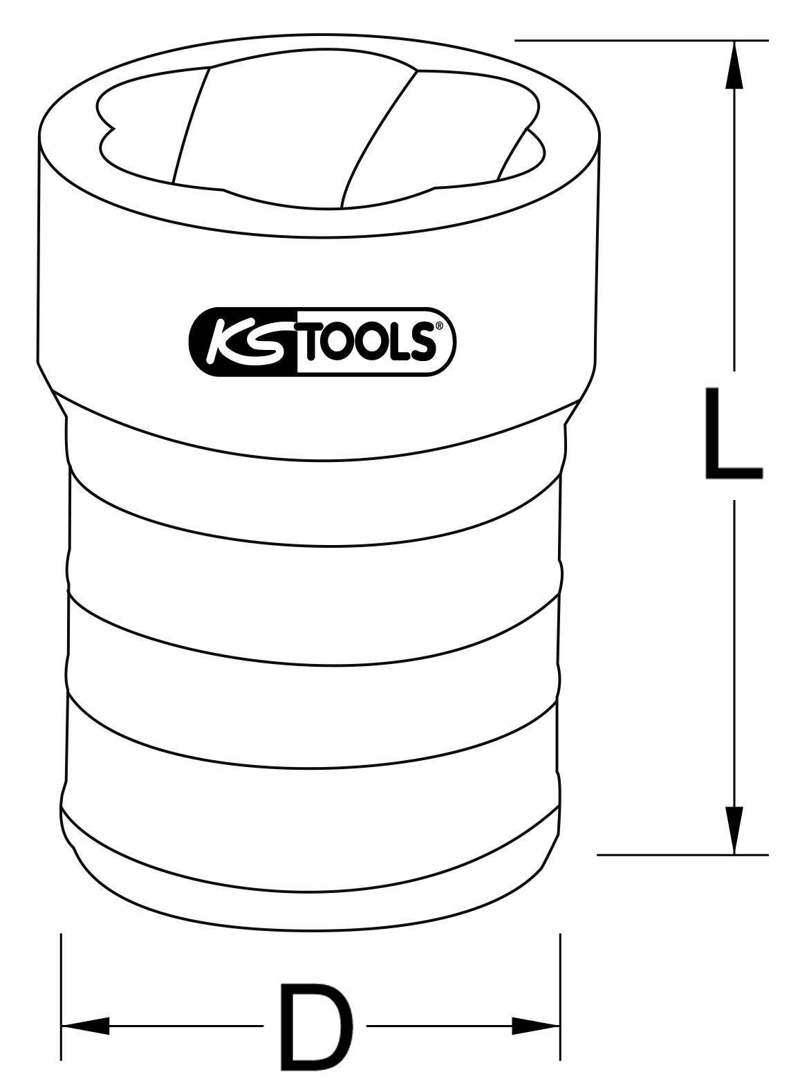 A cylindrical socket insert with the 'KS Tools' logo, depicted with dimensions of length (L) and diameter (D).