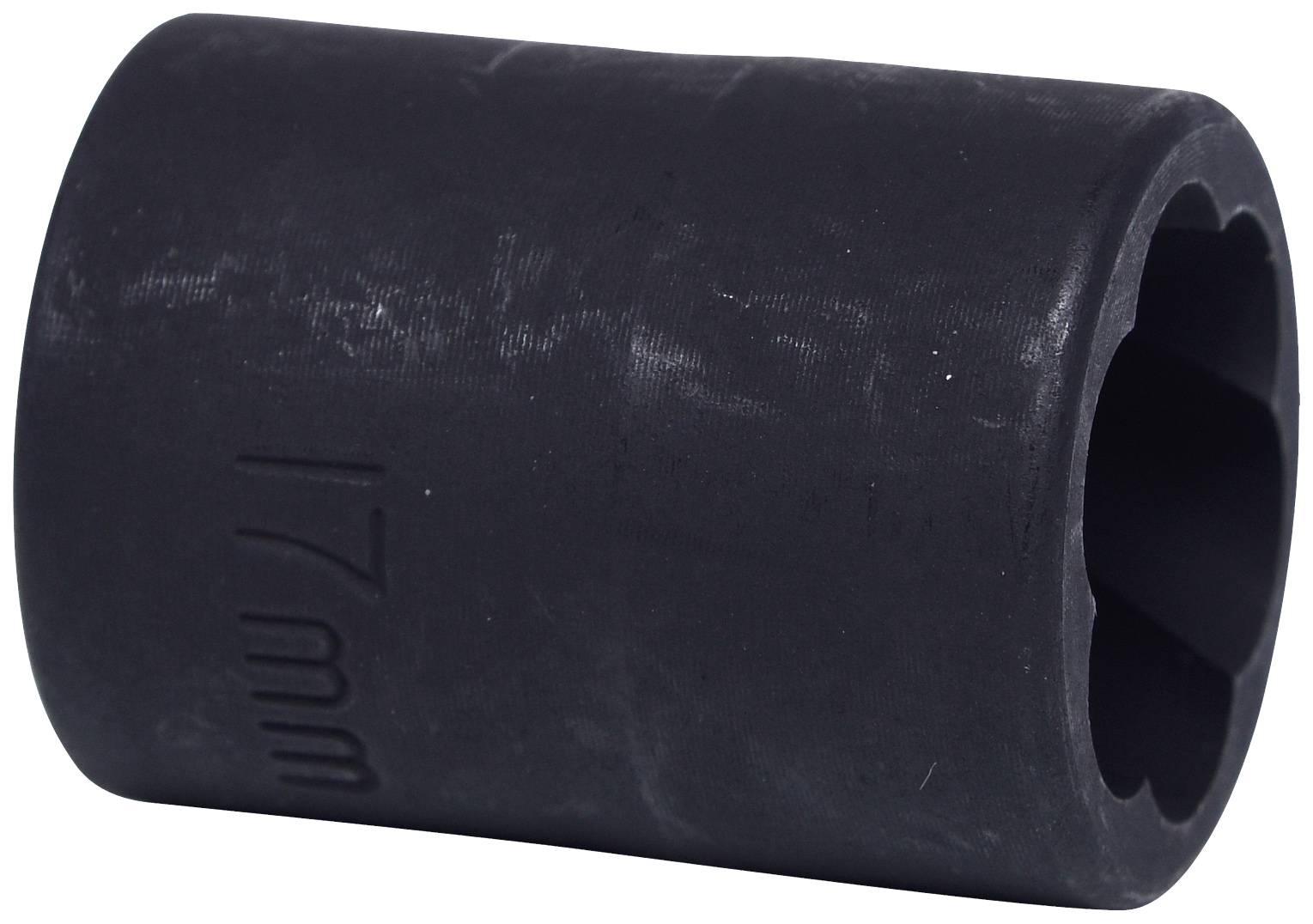 A black, cylindrical socket with an embossed '17mm' marking, used for tightening or loosening nuts or bolts.