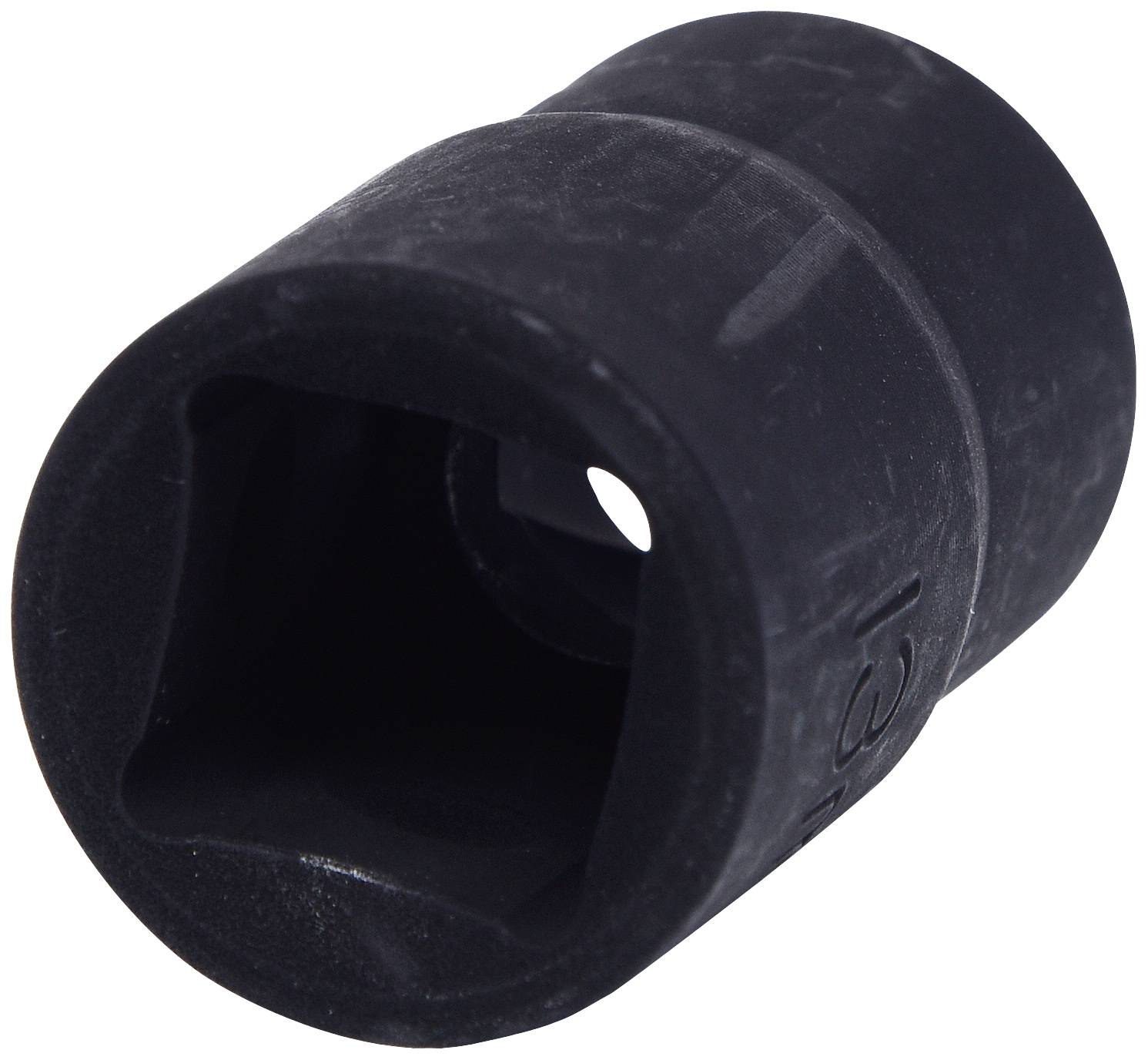 A black, cylindrical plastic socket adaptor with a square aperture.