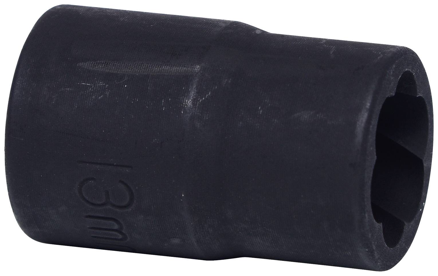 A black 13mm socket, cylindrical, made of metal, for use with a socket wrench for screw-related work.