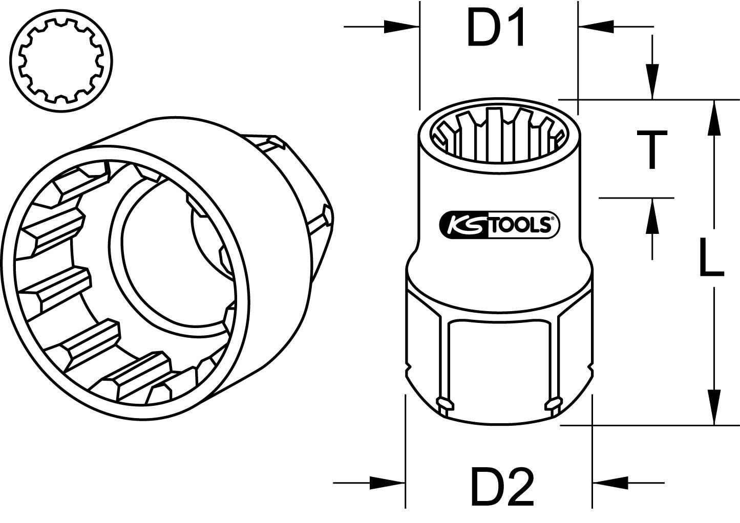 'Multi-Tooth Spanner' drawing with dimensions D1, D2, L, T. Small illustration shows inner side with multi-tooth profile. Marked with 'KS Tools'.