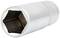 Hexagonal metal socket insert, silver-coloured, for use with a spanner to fasten or loosen screws or nuts.