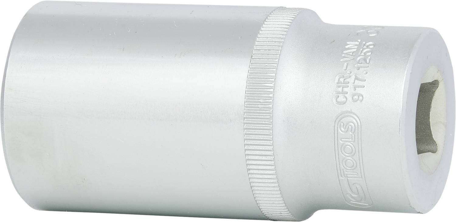 Metal socket with heavy hexagonal opening, used for screw connections in mechanical applications.