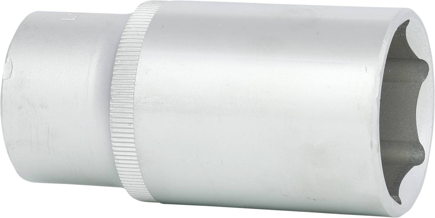 Silver hexagonal socket with a ribbed handle, suitable for use with spanners or ratchets.