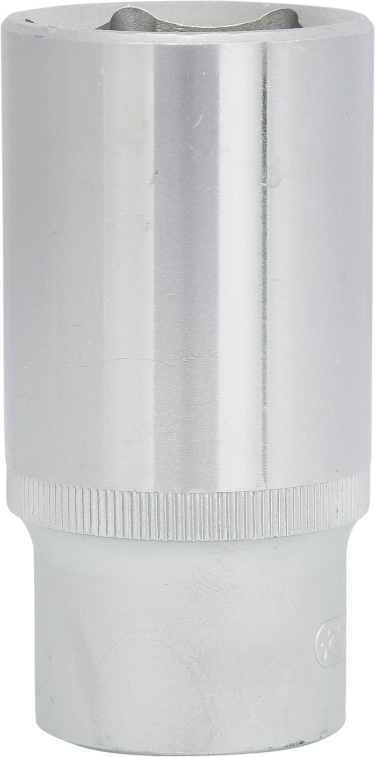 A chrome-plated socket attachment for ratchets, cylindrical in shape, shows the underside and the knurled surface for better grip.