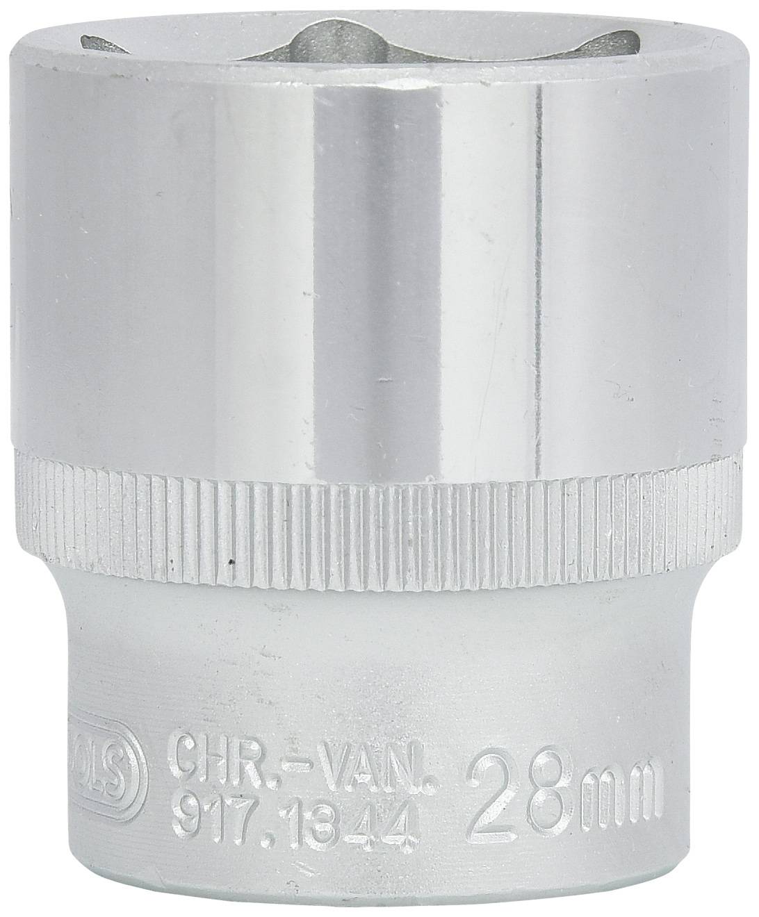 Chrome vanadium steel socket wrench, 28 mm size. Smooth, silver surface with a ribbed grip for better handling.